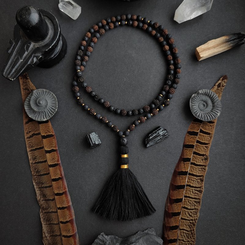 Mala BLACK RUDRA Rudraksha and Volcanic Lava Praying Beads - Long Necklaces - Semi-Precious Stones Black