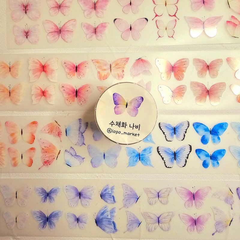 Watercolor Butterfly Transparent Matte Masking Tape 2m - 紙膠帶/和紙/PET - 其他材質 