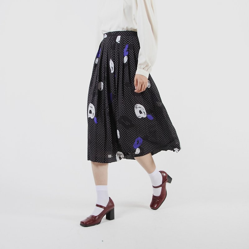 [Egg plant ancient] snow night frisbee printing ancient pleated skirt - Skirts - Polyester Black