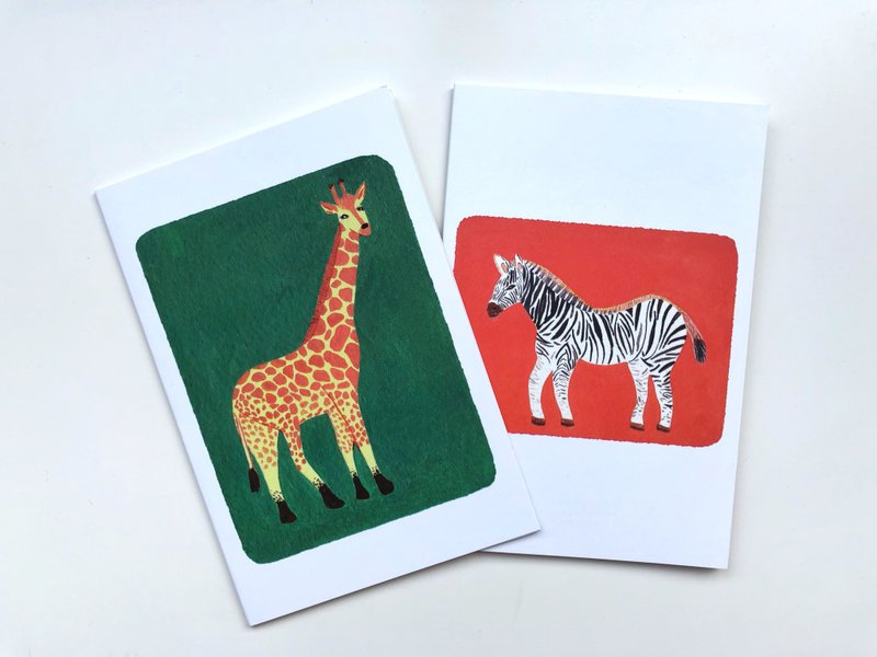 Set of 2 Animal Cards - Giraffe + Zebra. Original price was NT 285. - 卡片/明信片 - 紙 多色