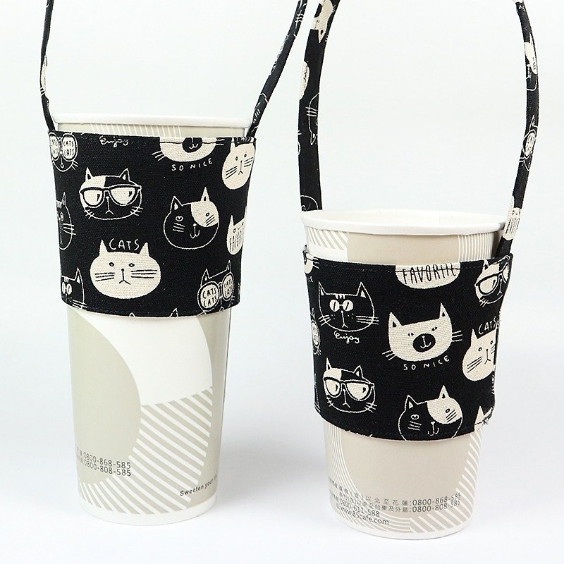 バラエティ猫（黒） - 飲料カップカップは、環境保護袋のセットを設定し、 - ドリンクホルダー - コットン・麻 ブラック