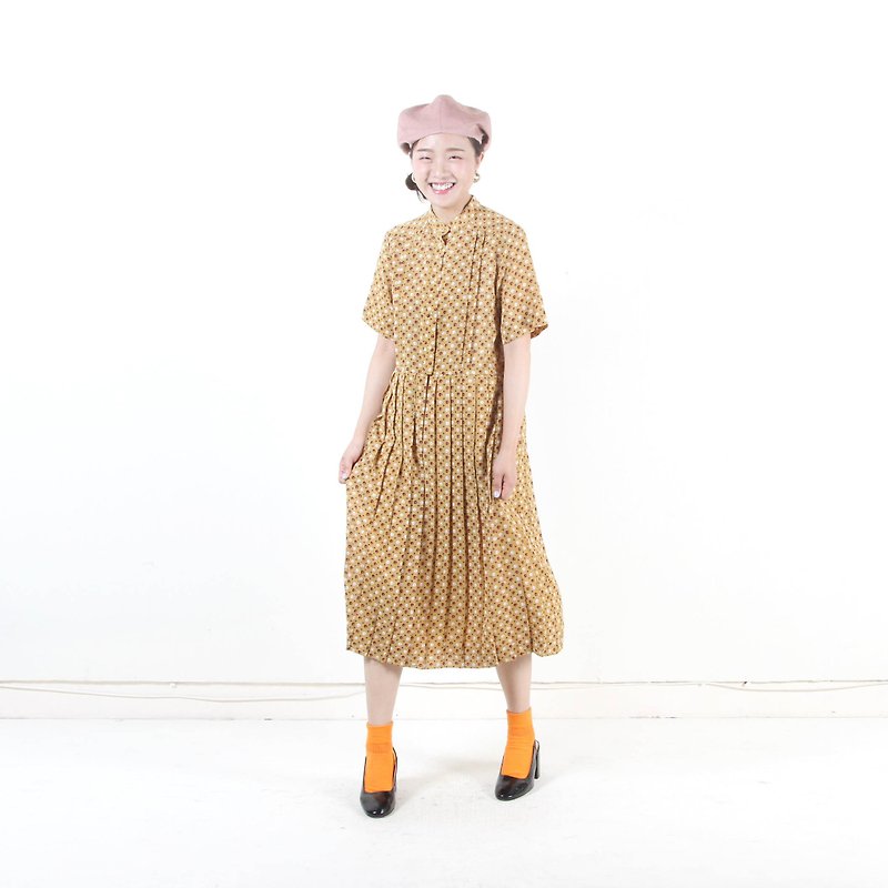 [Earth Plant] cream donuts printed short-sleeved vintage dress - One Piece Dresses - Polyester Orange