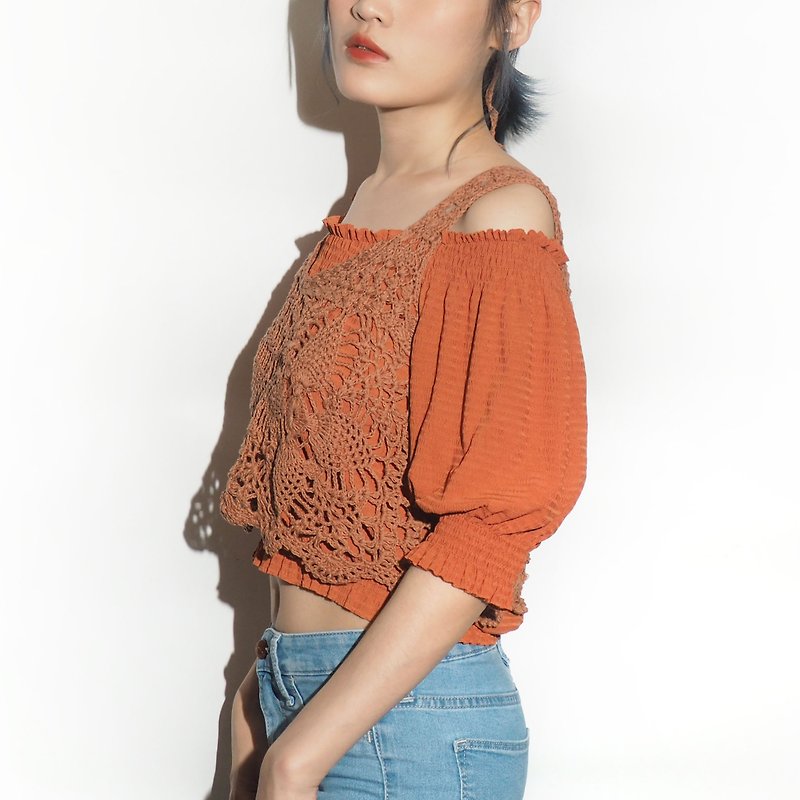 MIKKA Classic Collection | 波希米亞外搭吊帶 手鈎鏤空蕾絲 - 女毛衣/針織衫 - 棉．麻 橘色