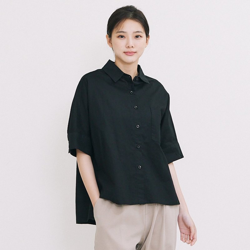 棉麻修身襯衫 黑F - 女上衣/長袖上衣 - 棉．麻 黑色