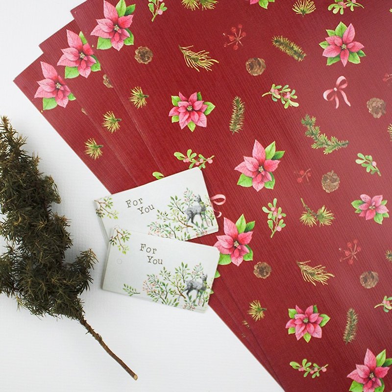 A4 Wrapping paper & Grateful label - Christmad Limited - 6 sheets - Wood, Bamboo & Paper - Paper Red