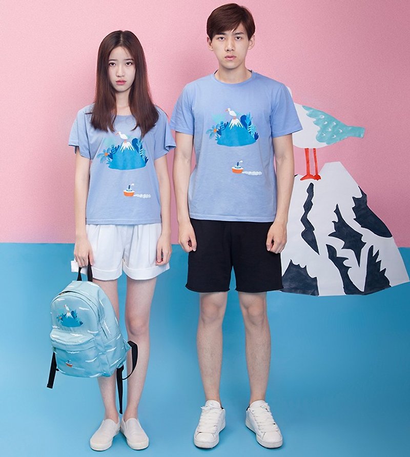 Summer cotton original printing couple T-shirt - Kojima - เสื้อยืดผู้หญิง - ผ้าฝ้าย/ผ้าลินิน สีน้ำเงิน