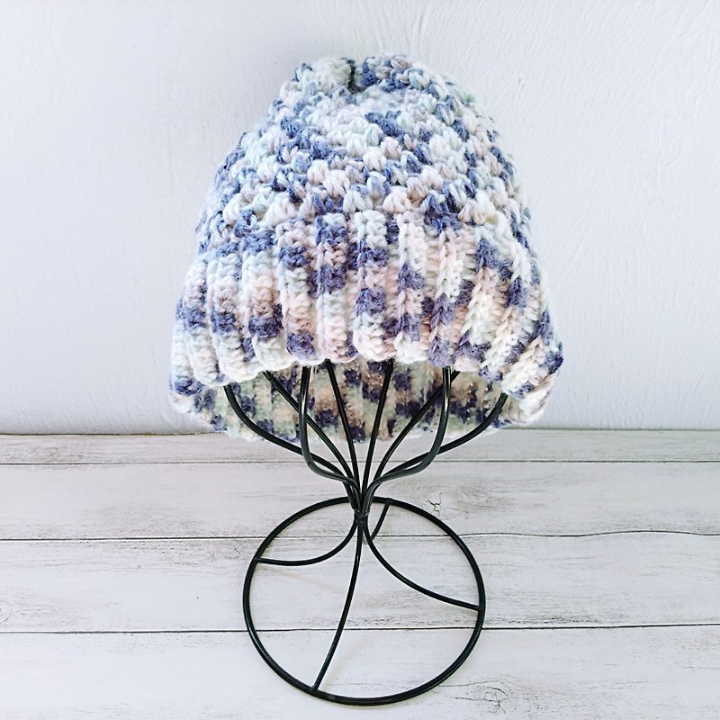 Limited one piece of twill blue and white gradient cotton woolen cap, hand-knitted woolen cap - Hats & Caps - Cotton & Hemp Blue