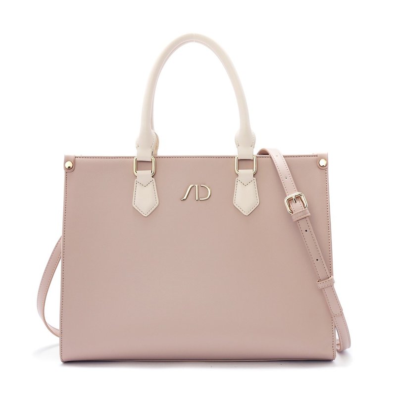 ANNA DOLLY Stitching Contrast Color 2Way Laptop Tote Bag Pink - กระเป๋าแล็ปท็อป - หนังเทียม สึชมพู