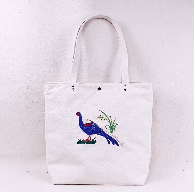 Endemic to Taiwan~Blue-bellied pheasant embroidered tote bag, shopping bag, canvas bag - Messenger Bags & Sling Bags - Cotton & Hemp 