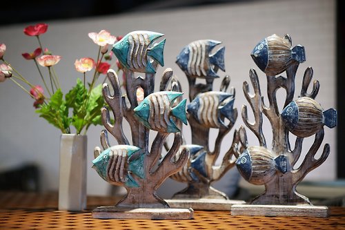 大綠地 實木藝品 熱帶魚珊瑚礁 桌飾品 3款造型 原木刷舊風格、意境淳樸
