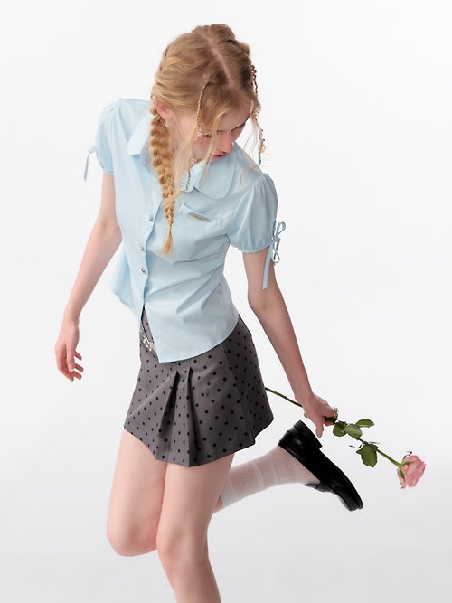 SERIOUS ZIZIFEI ziziFei夏新款高級感美式復古設計感泡泡袖上衣蝴蝶結短袖襯衫女