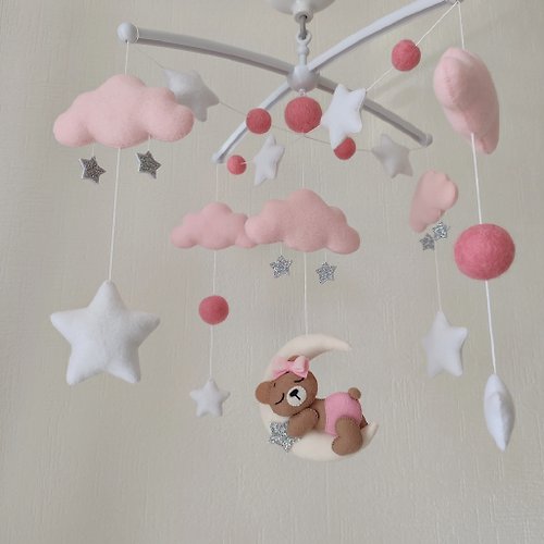 Felt Dreams Designs Baby mobile girl Bear on the moon nursery decor, crib mobile, baby shower gift