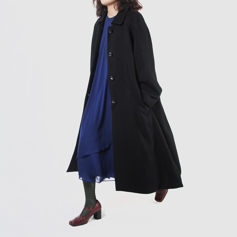 [Egg Plant Vintage] 100% Kashmir wool top fabric umbrella-shaped vintage coat - Women's Casual & Functional Jackets - Wool Black