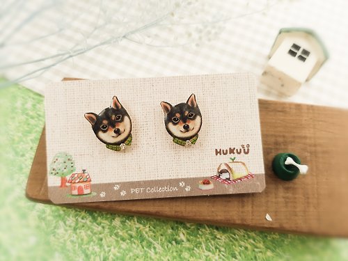 芙格鹿設計好物Hukurou | 手繪寵物系列 | 柴犬貼耳耳環(黑柴)