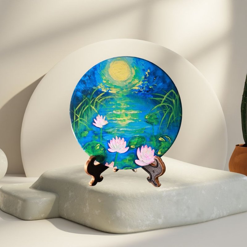 [Art Customization] MIT Taiwan Yingge Ceramic Coaster | Moonlight over Lotus Pond - Coasters - Pottery Blue