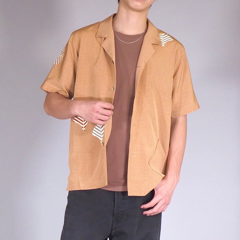 【日本製造】和服翻拍男士襯衫 M、半袖、營領、柔軟絲綢 - 男襯衫/休閒襯衫 - 絲．絹 橘色