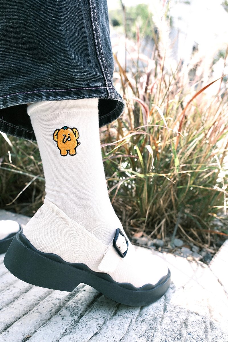 Orange Elephant・Pure cotton embroidered socks - ถุงเท้า - ผ้าฝ้าย/ผ้าลินิน ขาว