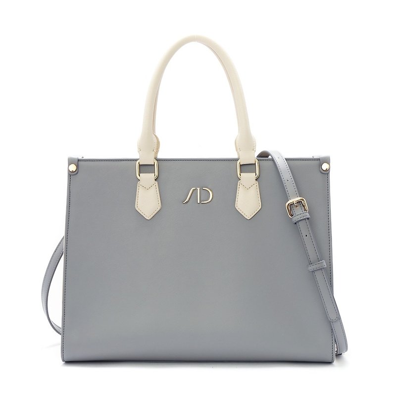 ANNA DOLLY stitching contrasting color 2Way laptop tote bag gray blue - กระเป๋าแล็ปท็อป - หนังเทียม สีน้ำเงิน