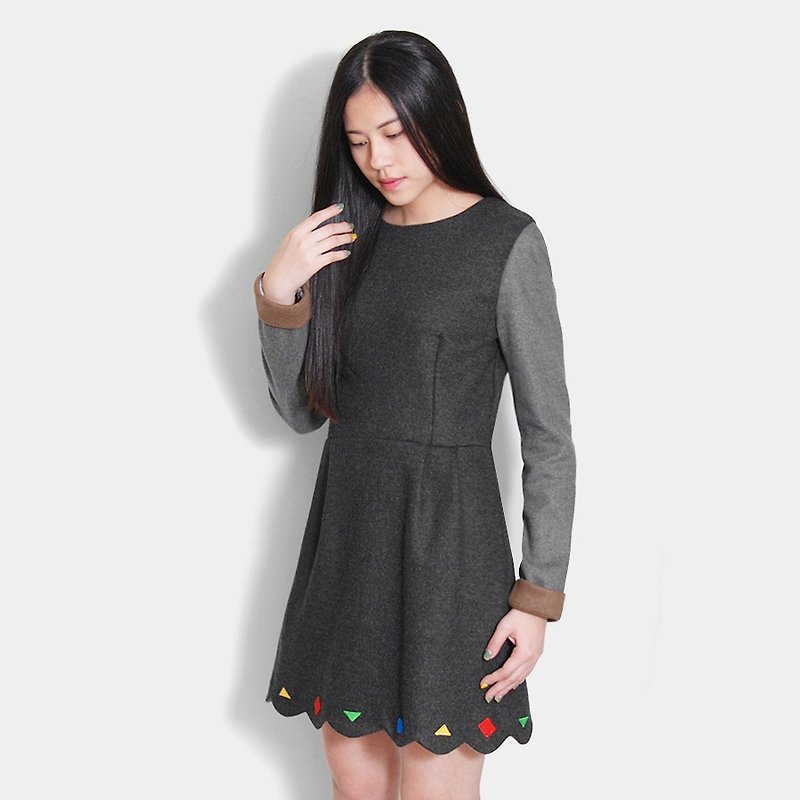【小NG一件】∎▲●彩色點點／毛呢拼色洋裝－灰 - 連身裙 - 其他材質 灰色