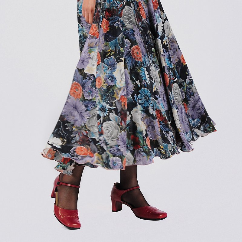 [Egg plant vintage] Summer shower print high waist vintage round skirt - Skirts - Polyester 