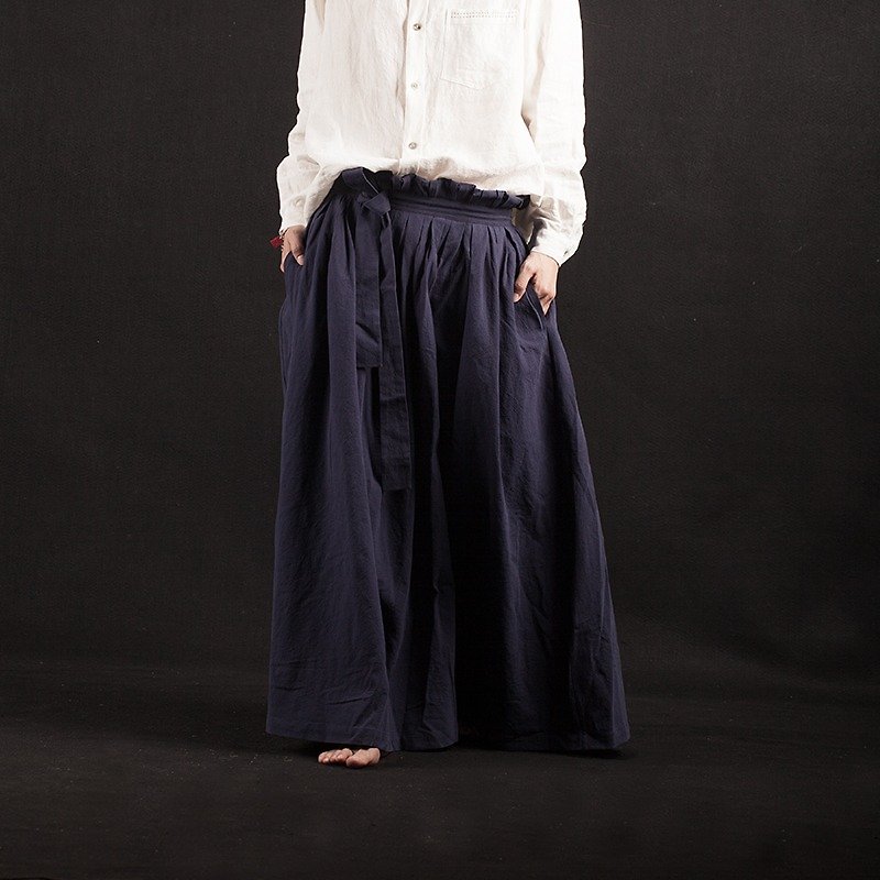 Blue linen fold pleated skirt - [desert] independent designer brand - Skirts - Cotton & Hemp 