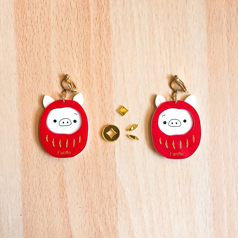 Pig Dharma / ear hook ear clip - Earrings & Clip-ons - Acrylic Red