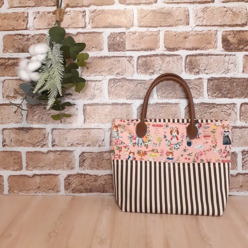 手提包 貓咪圖案 狗狗圖案 合成皮革 條紋 棕色 迷你托特包 動物圖案 粉色 副包 多口袋包 - 手提包/手提袋 - 棉．麻 粉紅色