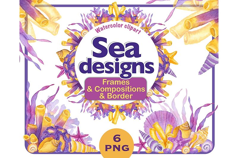 Watercolor sea designs-Nautical frames & seamless border PNG - วาดภาพ/ศิลปะการเขียน - วัสดุอื่นๆ สีม่วง