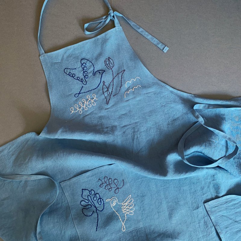 Original Embroidered Apron    Flowers Birds   Sax Blue - Aprons - Cotton & Hemp Blue