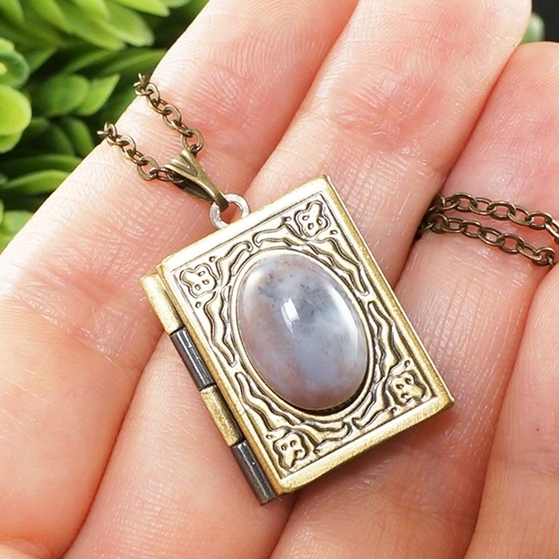 Gray Indian Agate Rectangle Book Photo Locket Keepsake Pendant Necklace Jewelry - 項鍊 - 半寶石 灰色
