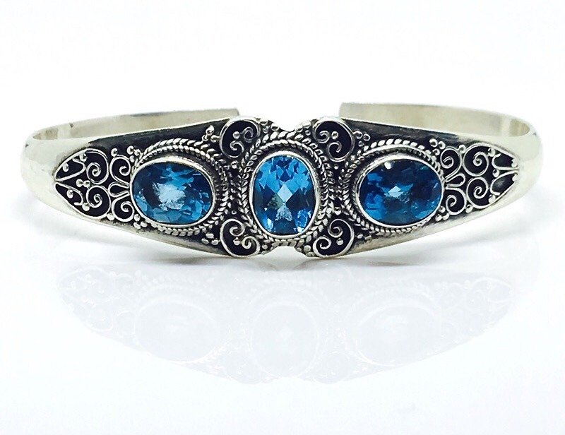 藍托帕石925純銀古典異國風格手環手鐲  - 手鍊/手環 - 寶石 藍色