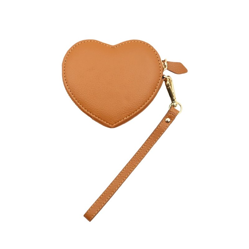 Leather Heart Coin Purse - Pumpkin - กระเป๋าใส่เหรียญ - หนังแท้ สีส้ม
