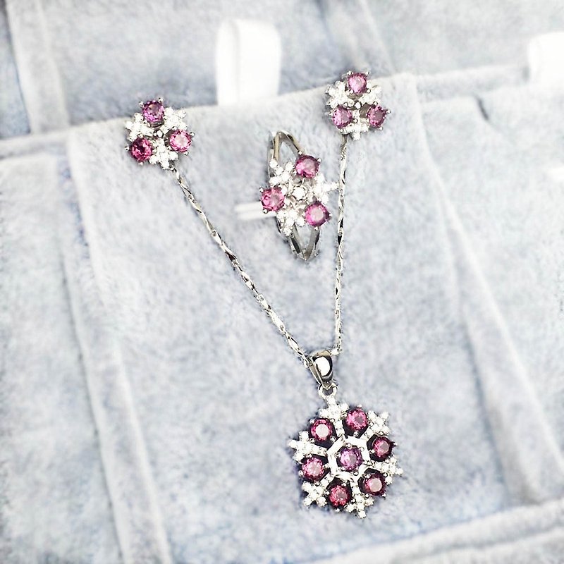 | Sterling Silver Jewelry | Natural Garnet S925 Snowflake Earrings Clavicle Chain Ring (Adjustable Ring) - สร้อยคอทรง Collar - เครื่องเพชรพลอย สีแดง