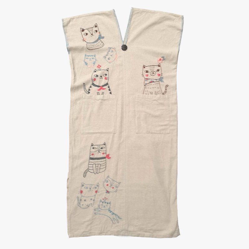 Natural cotton dress, cream color, cat pattern design, hand-embroidered - 洋裝/連身裙 - 繡線 