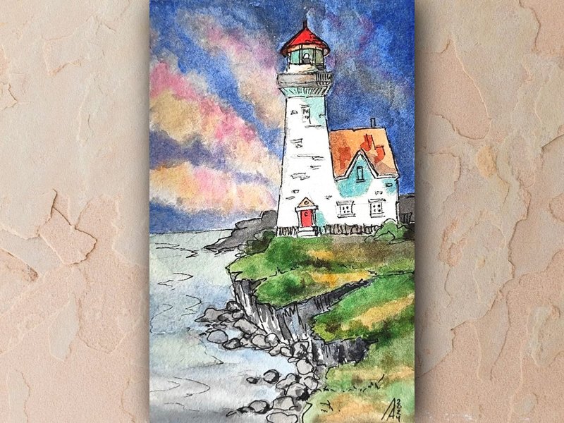 Lighthouse painting original watercolor painting seascape art - โปสเตอร์ - กระดาษ หลากหลายสี