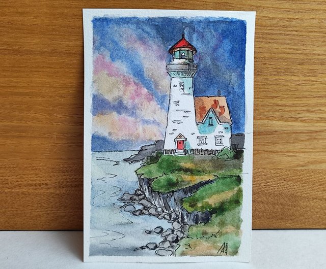 灯台の絵画 オリジナル水彩画 海景アート - ショップ