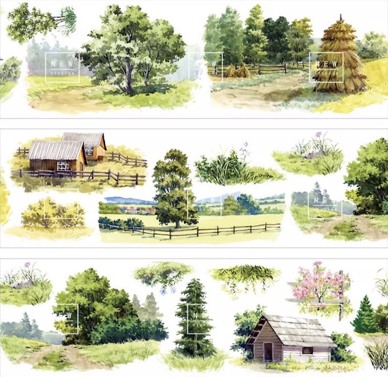 Forest hut, fields, watercolor painting, landscaping PET, Japanese paper tape, 10-meter roll made in Taiwan - Washi Tape - Other Materials Multicolor