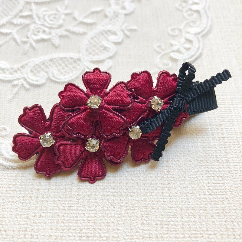 Fresh little flower bangs hairpin / wine red - Hair Accessories - Other Materials Red