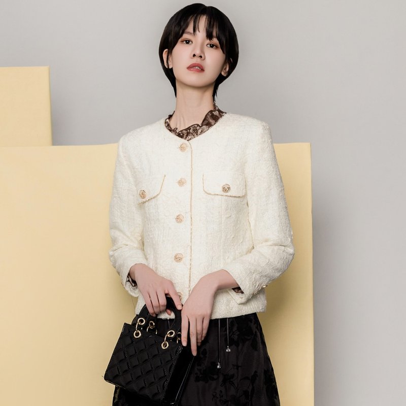 【MEDUSA】金邊米白毛呢小香風外套(M-XL) | 女西裝外套 小香風 - 女西裝外套 - 棉．麻 白色