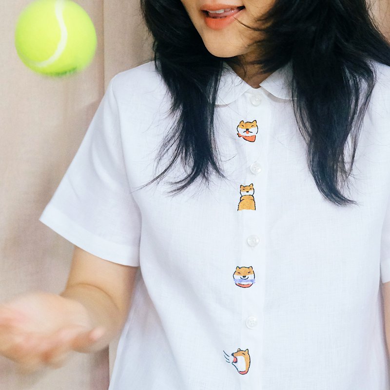 柴犬ホワイトリネンシャツ - シャツ・ブラウス - コットン・麻 ホワイト