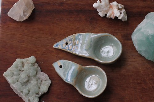 波力兔手作舍 純手捏藍綠色小鳥形象陶瓷湯匙/陶匙(1對)