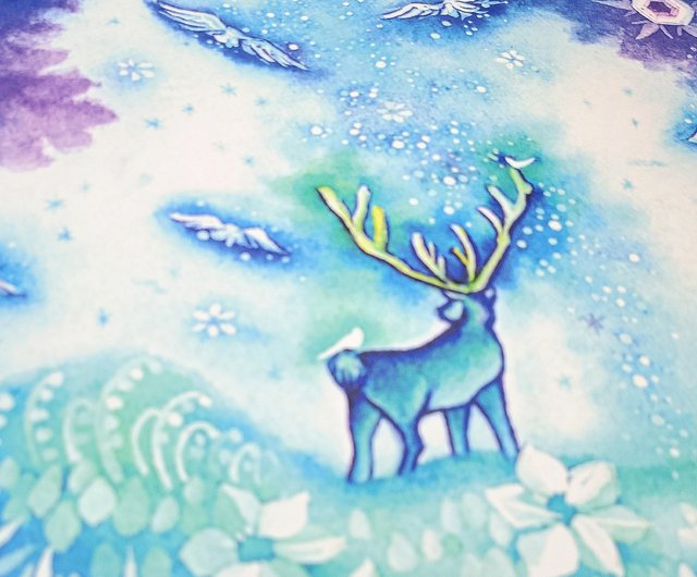 冬の宝石たち】水彩画 アートプリント 雪の結晶 鹿 氷 雫 ブルー 
