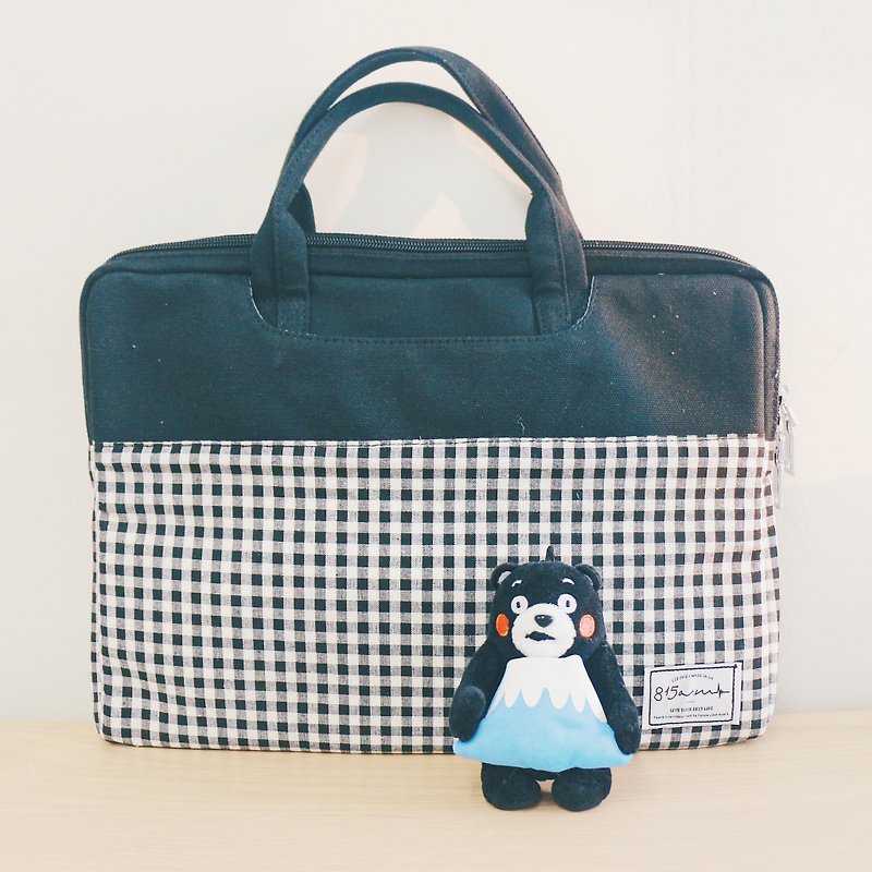 【開學季】黑色格子 - 拼色布料手提電腦袋 (13-14吋) / 815a.m - 電腦包/筆電包 - 棉．麻 黑色