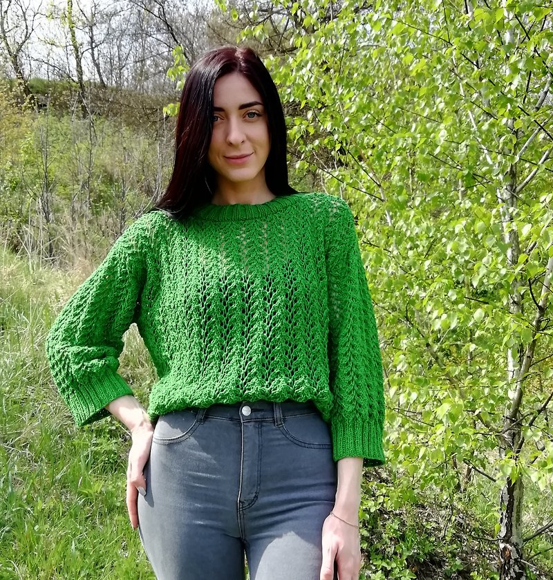 亮綠色鏤空毛衣女式棉質夏季套頭衫 Y2K 針織短款上衣 - 毛衣/針織衫 - 棉．麻 綠色