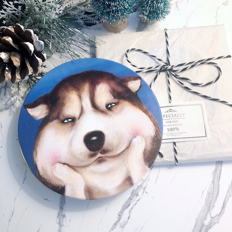 【Smile animal series – Husky】liquid absorbing ceramic coaster - Coasters - Pottery 