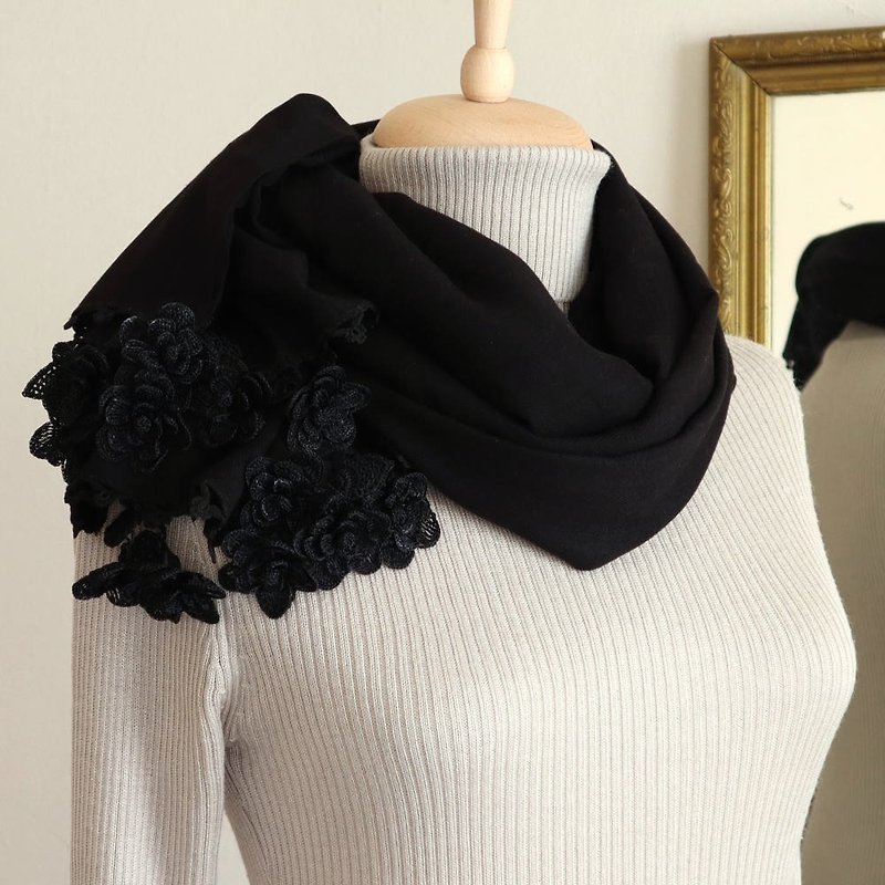 OYA crochet Pashmina shawl  - Margaret - Black - Scarves - Wool Black