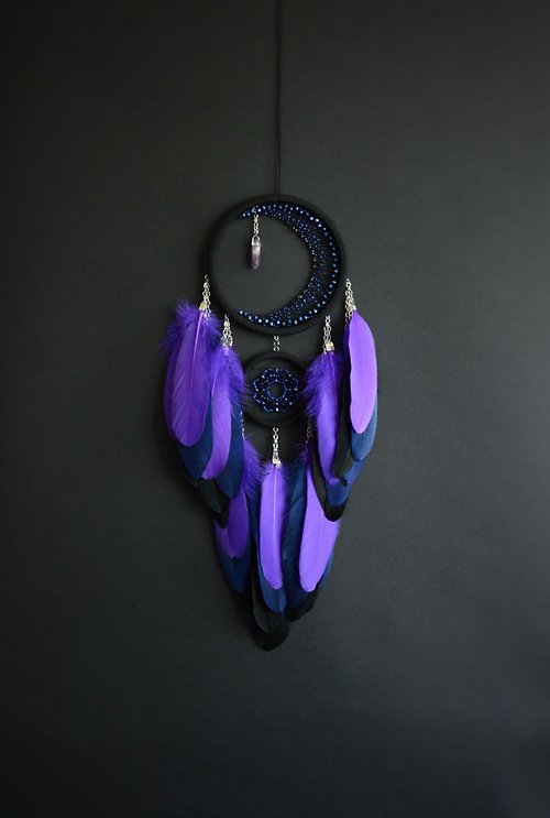 VIDADREAMS Crescent moon Purple Dreamcatcher with Amethyst crystal Chakra dream catcher