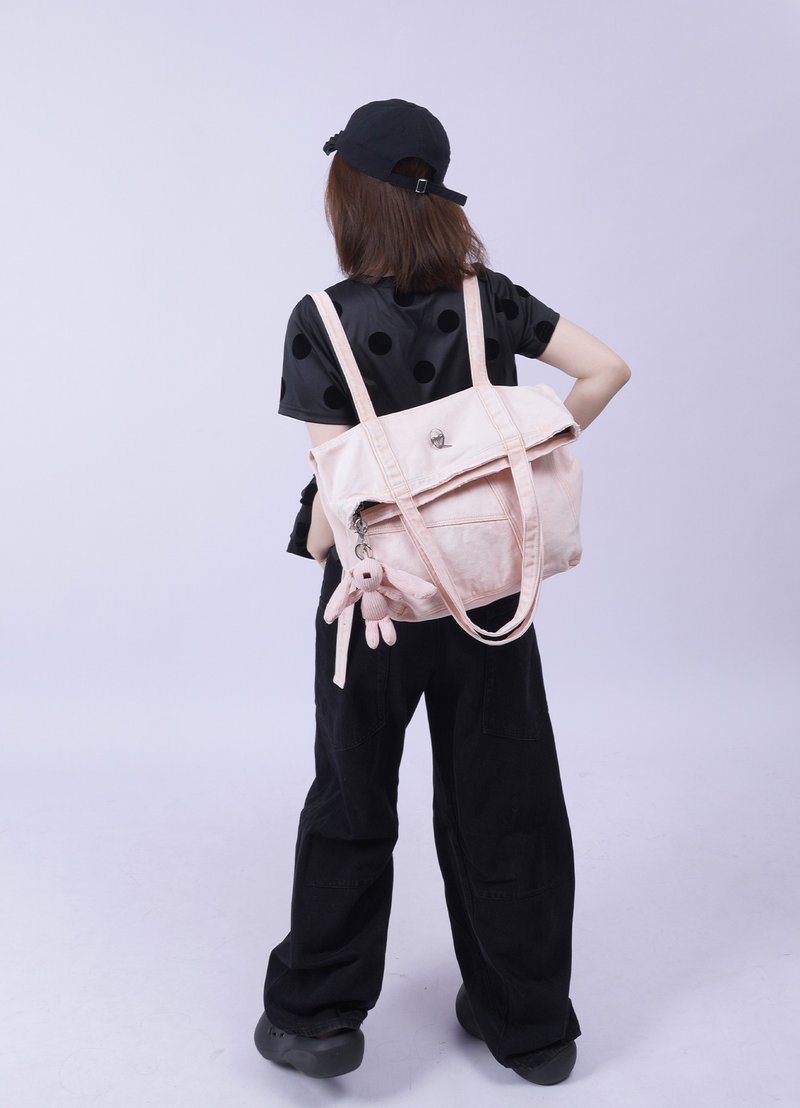 rebirth wild setting hot girl washed style simple one-shoulder backpack versatile pink denim ladies bag - กระเป๋าเป้สะพายหลัง - ผ้าฝ้าย/ผ้าลินิน 