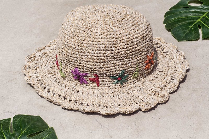 Cotton hat woven hat fisherman hat visor straw hat straw hat - Boho rainbow embroidery flower forest - Hats & Caps - Cotton & Hemp Multicolor