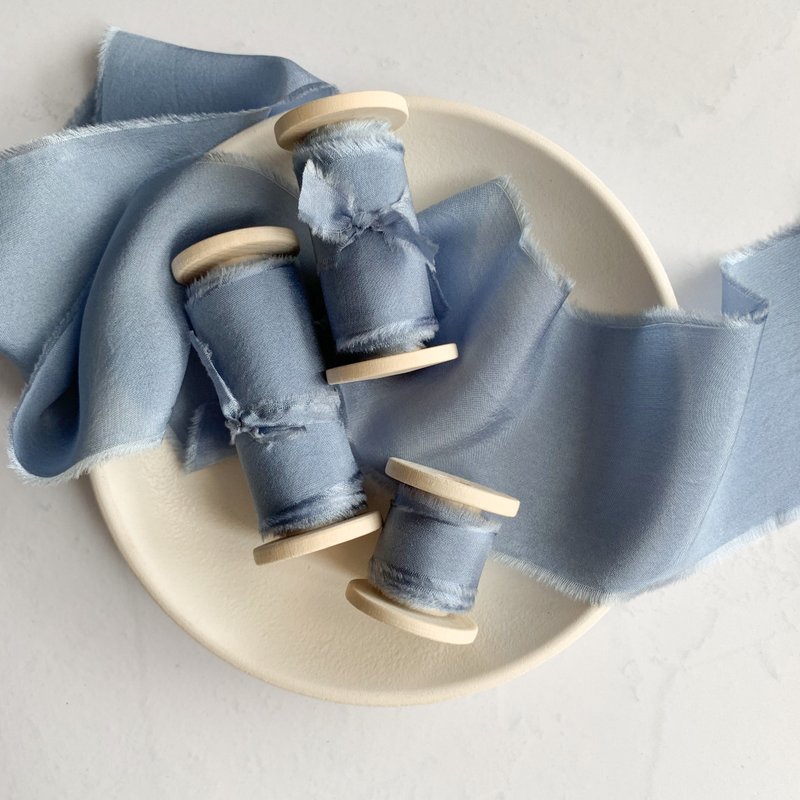 Dusty Blue Silk Ribbon / Hand Dyed Silk ribbon on Wood Spool - 包裝材料/包裝紙 - 絲．絹 藍色